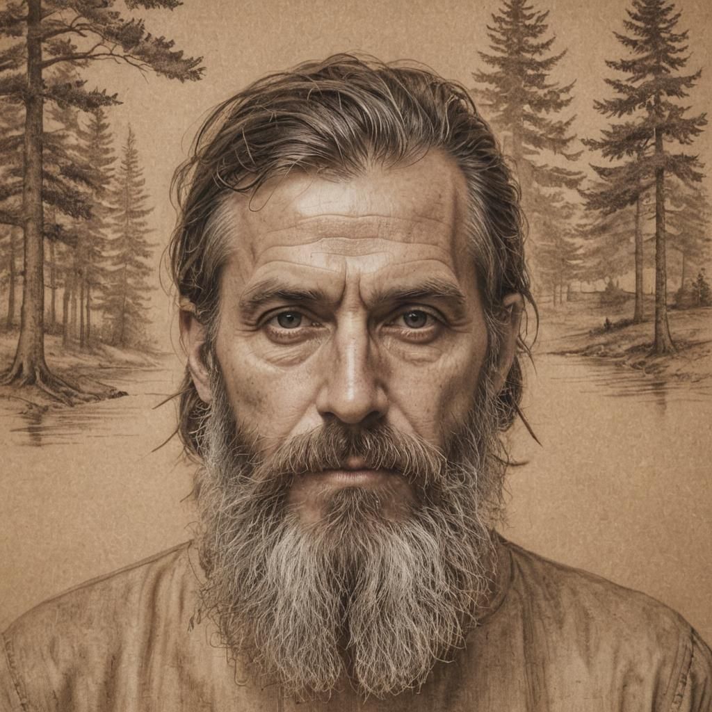 Surrealist Portrait of Man with Beard and Watermill