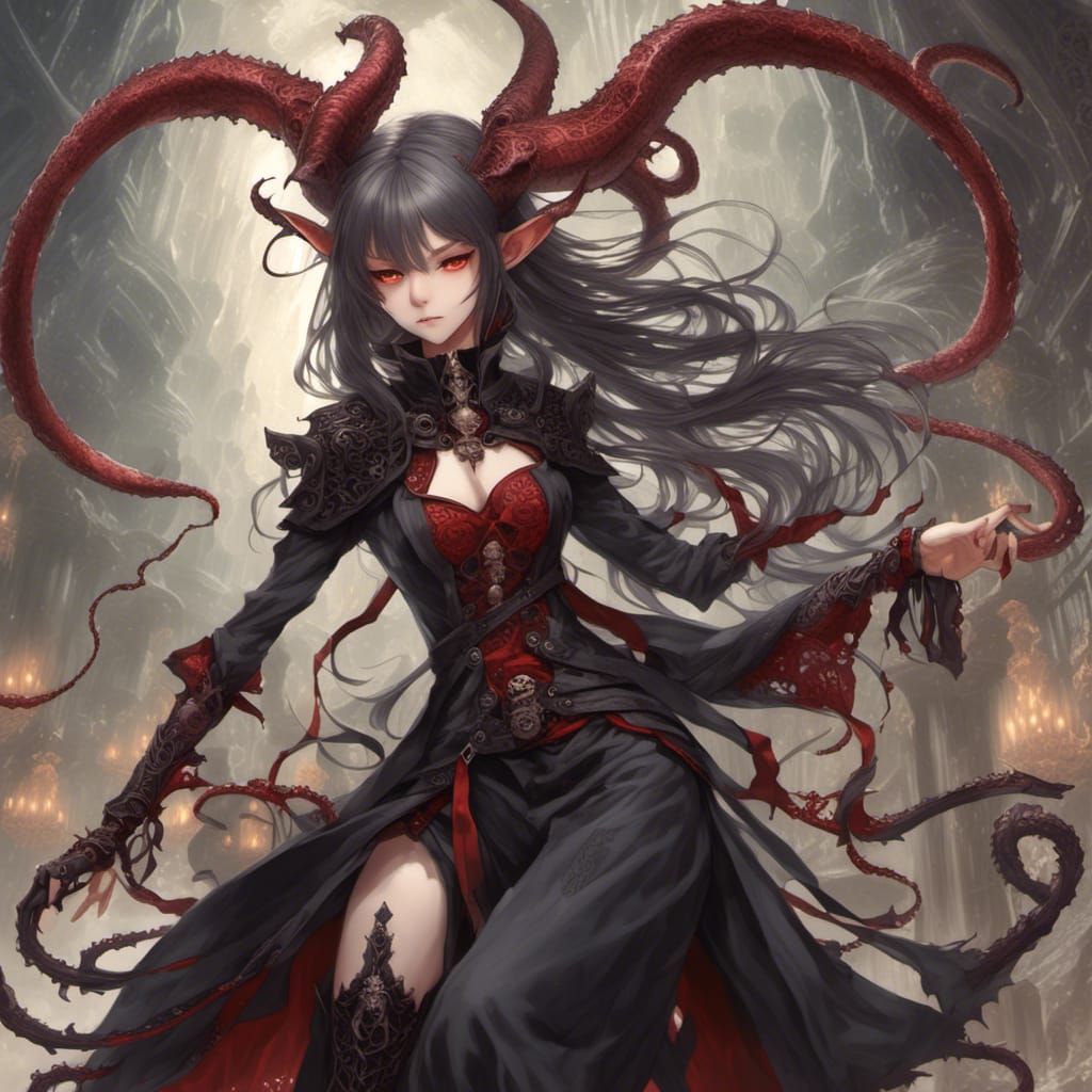 Evolved Tiefling with Tentacle Companion in Anime Style