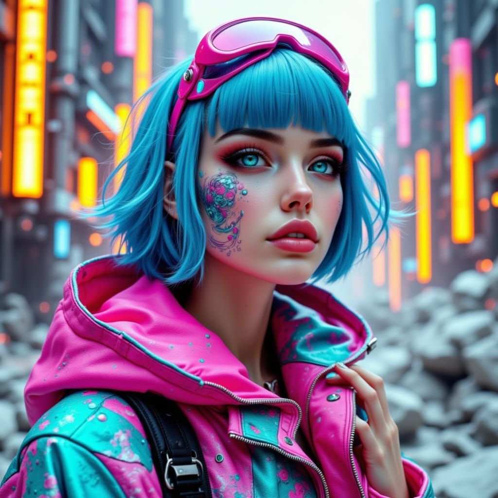 Cyberpunk Goddess with Vibrant Blue Hair and Bold Lines