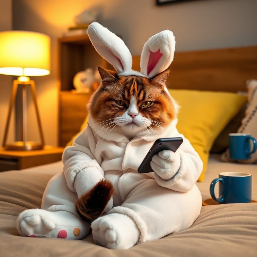 Calico Cat in Rabbit Pajamas Using Phone