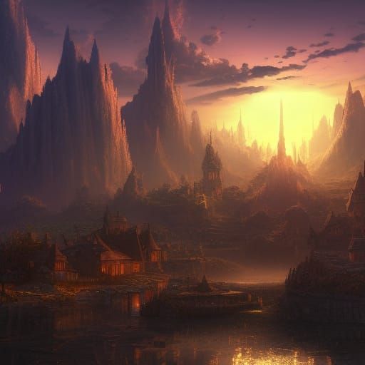 Village in Space Sunset: Detailed Matte Painting
