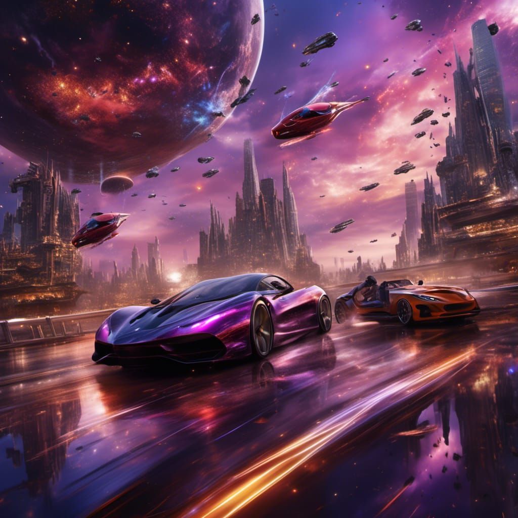 Sports Cars Race Along Galaxy Highway