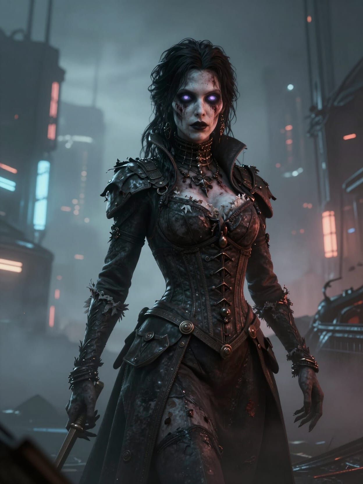 Undead Victorian Woman in Foggy Cityscape