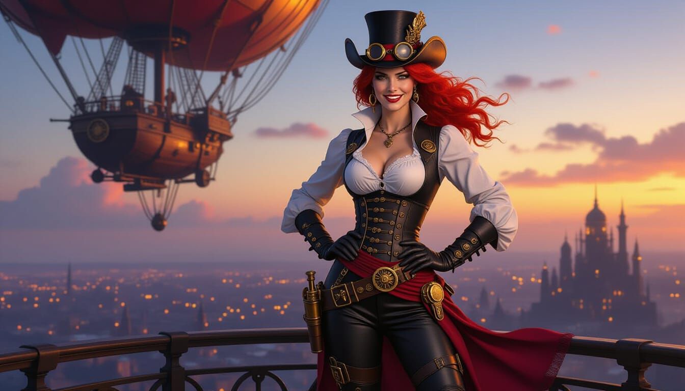 Steampunk Pirate Airship Captain at Dusk