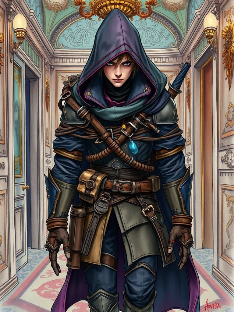 Hooded Rogue in Mansion Corridors: Whimsical Fairycore Art