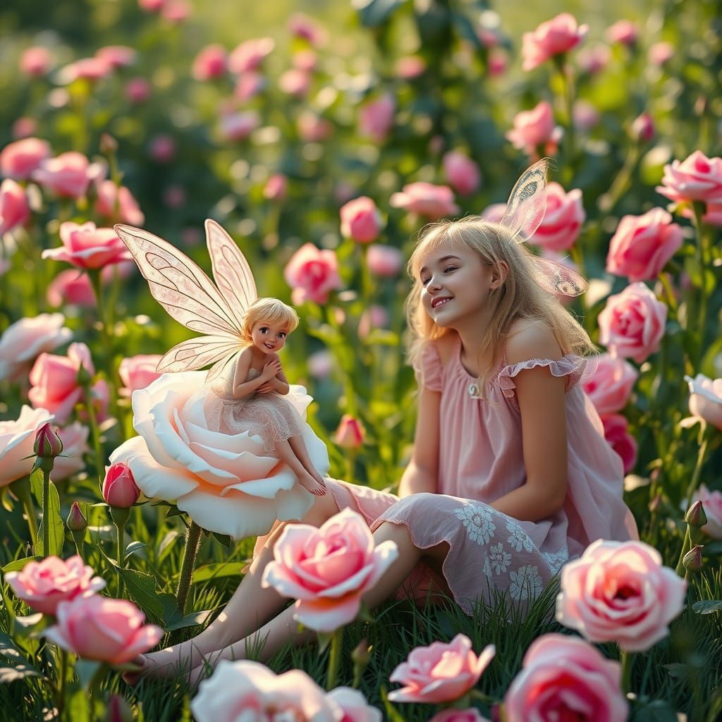 Girl Seeks Wisdom from a Whimsical Fairy in a Vibrant Garden