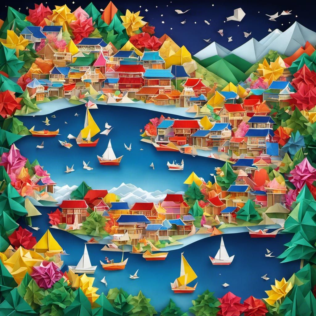 Origami Harbor City in Bright Night Colors