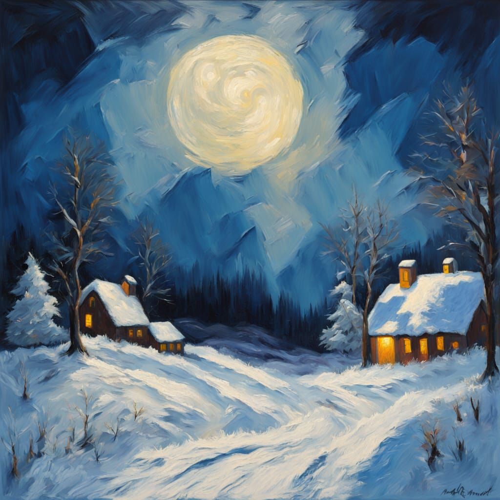 Impressionist Winter Moonlight Landscape Painting