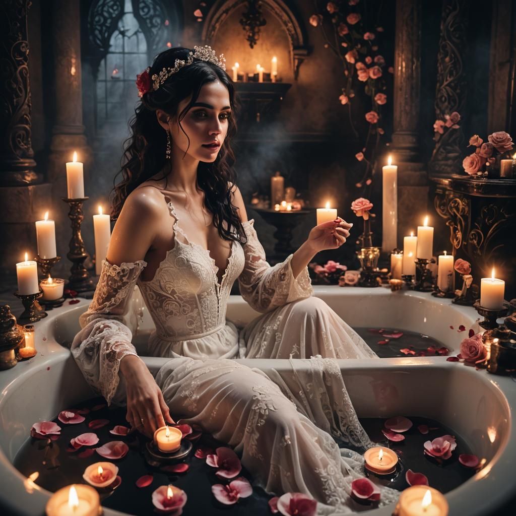 Gothic Candlelit Bath with Woman in Lace Gown