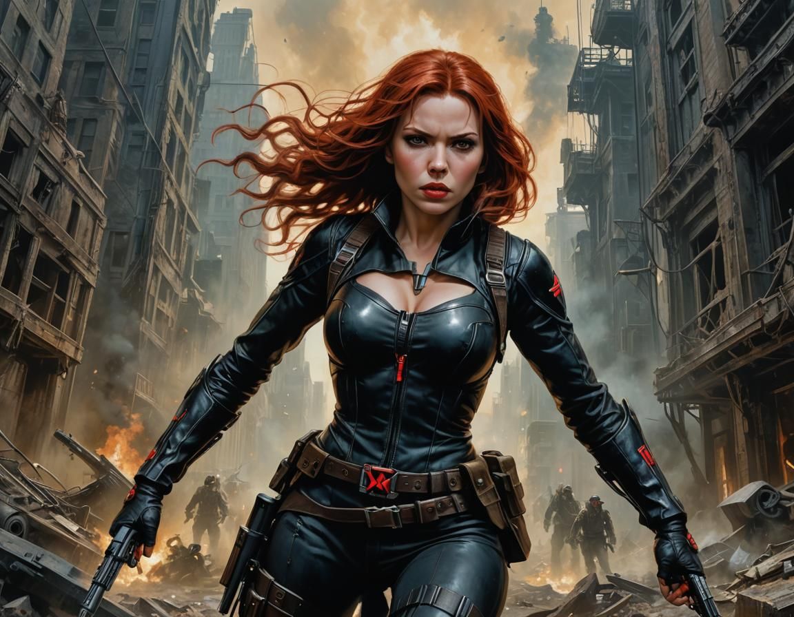 Black Widow in Post-Apocalyptic Gunfight: Acrylic Painting