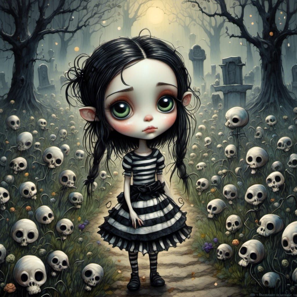 Creepy Cute Chibi Girl in Burtonesque Style