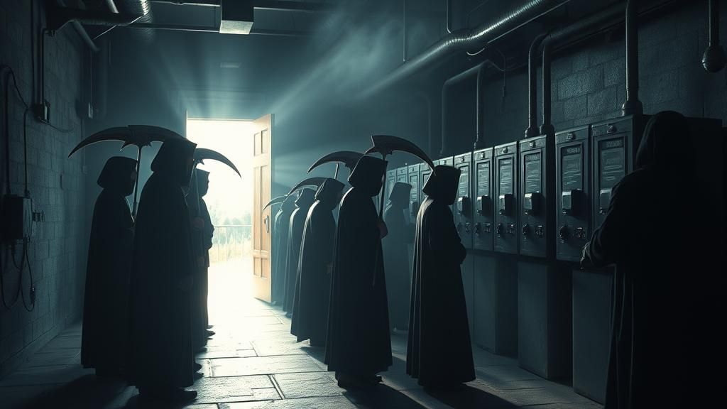 Grim Reapers Clocking In: A Surreal Factory Scene