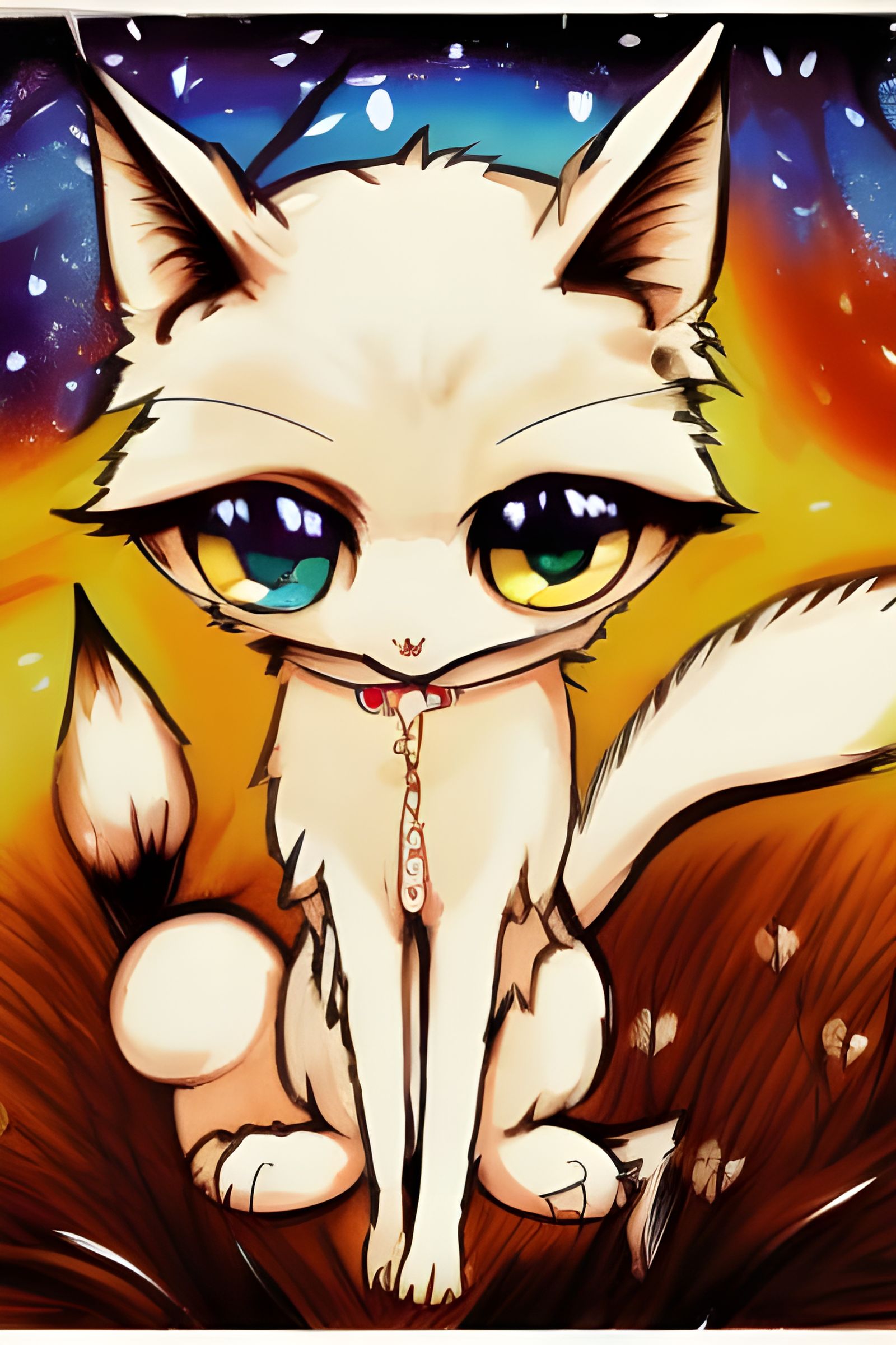 Puppy fox eyes? - Cute anime style kitsune with big shiny eyes holding a paintbrush painting the night sky with watercol...