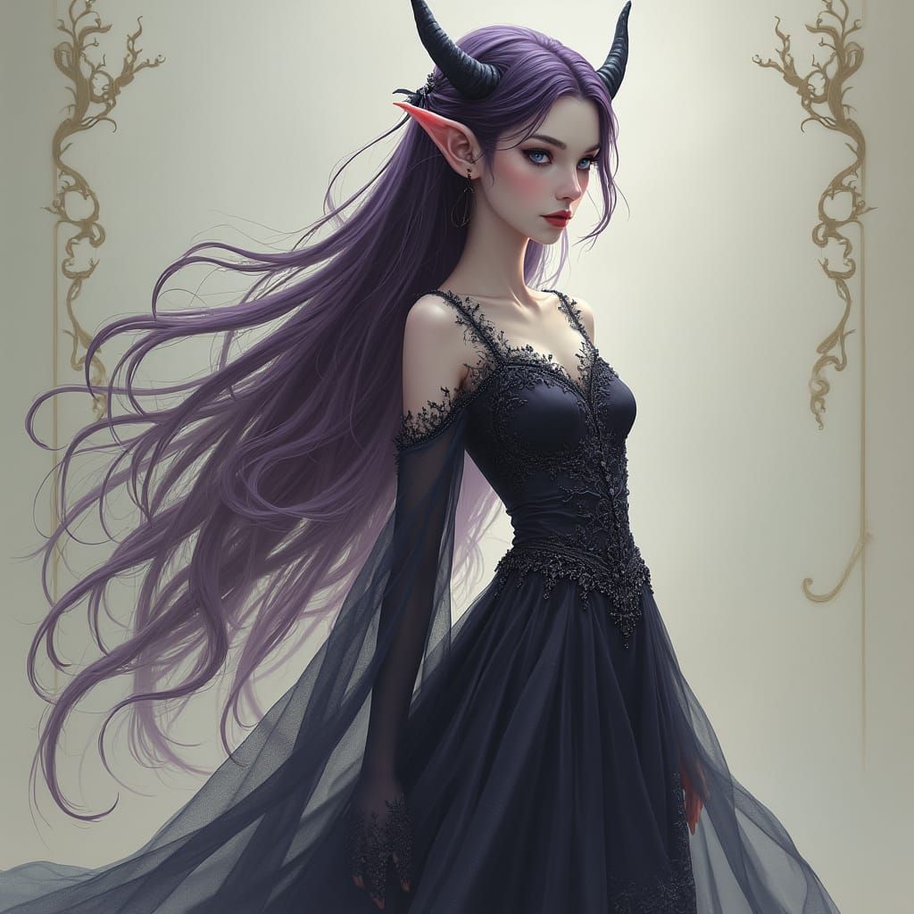 Elegant Tiefling in Flowing Gown: Fantasy Illustration