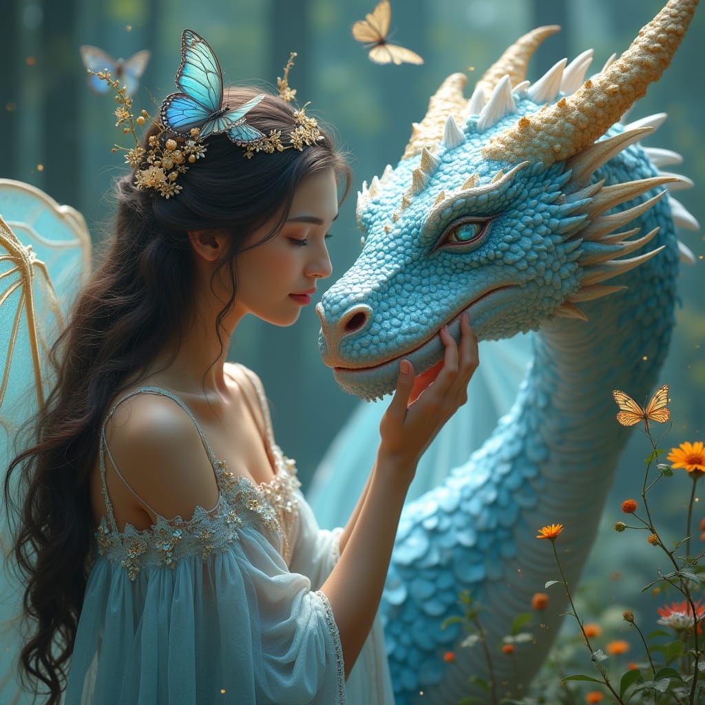 Surreal Realistic Dragon Scene with Gentle Maiden and Butter...