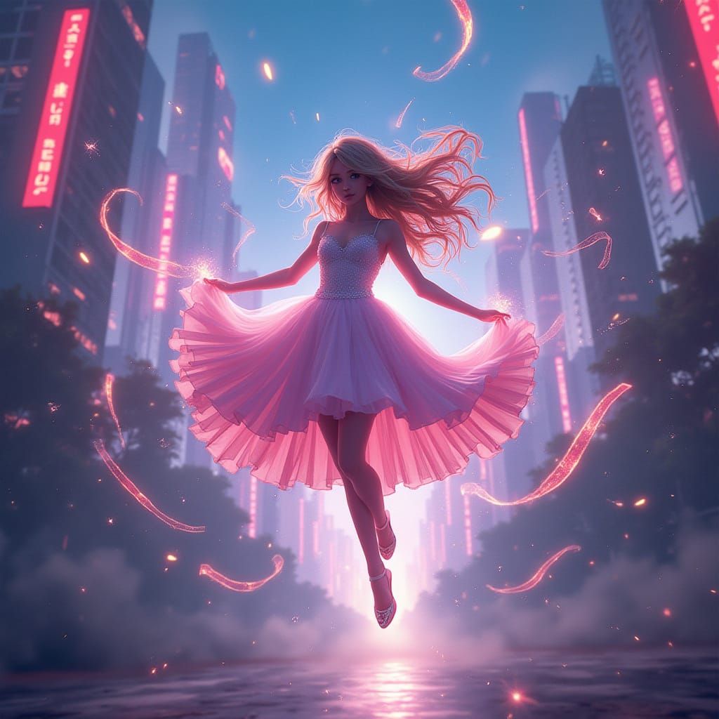 Magical Girl Transforms in Mid-Air with Vibrant Ribbons and ...