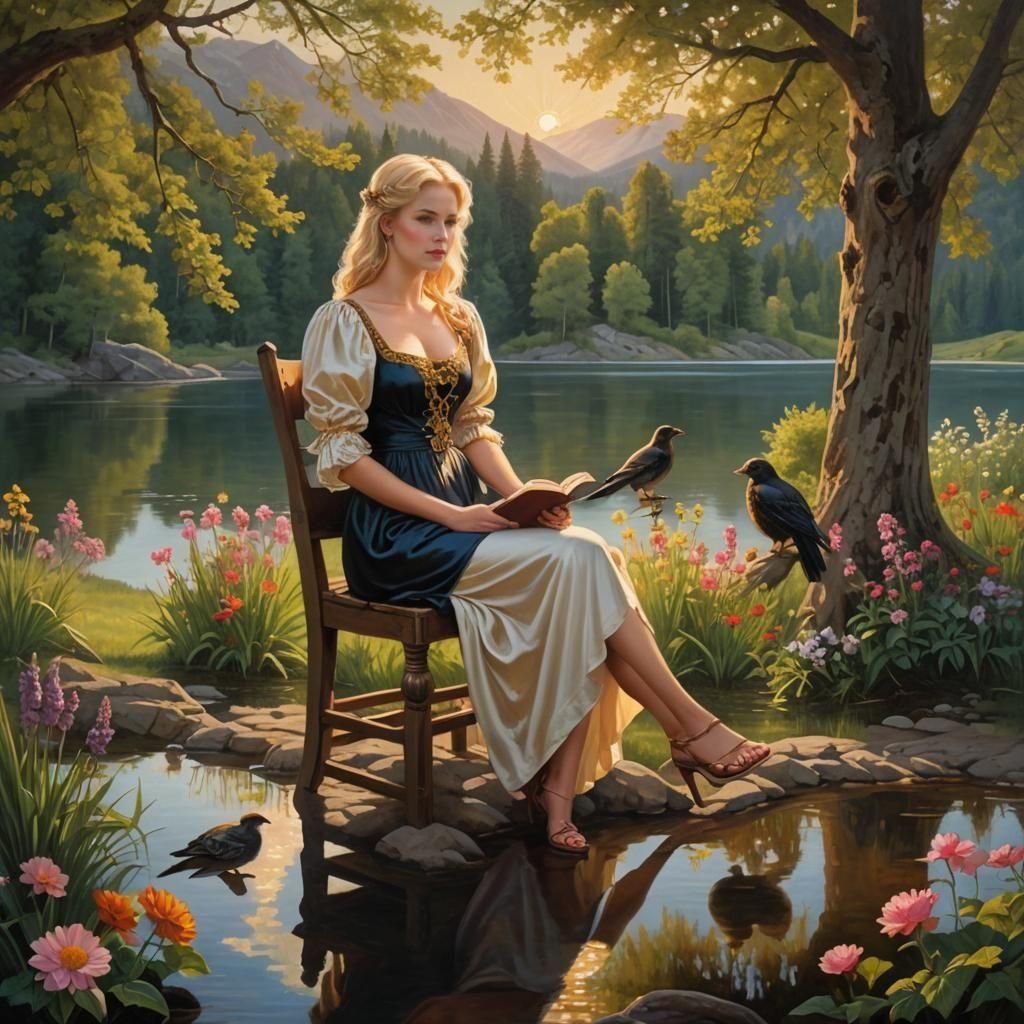 Queen Reading by Lake: 1980s Dark Fantasy Oil Painting
