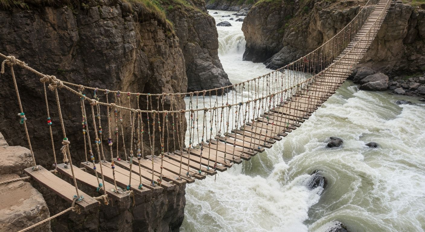 Beaded Rope Bridge Over Raging River Gorge