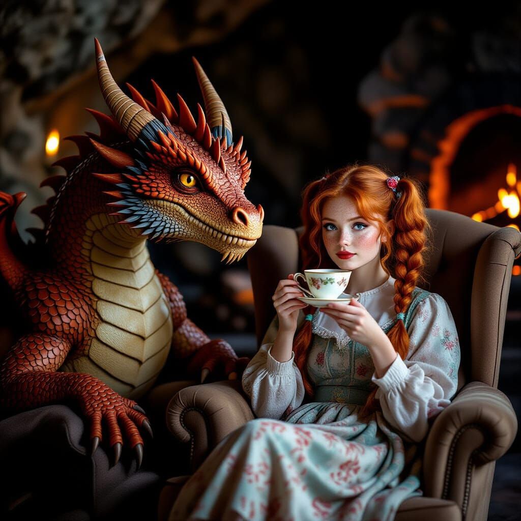 Dragon and Princess Enjoying Tea in Cozy Cave
