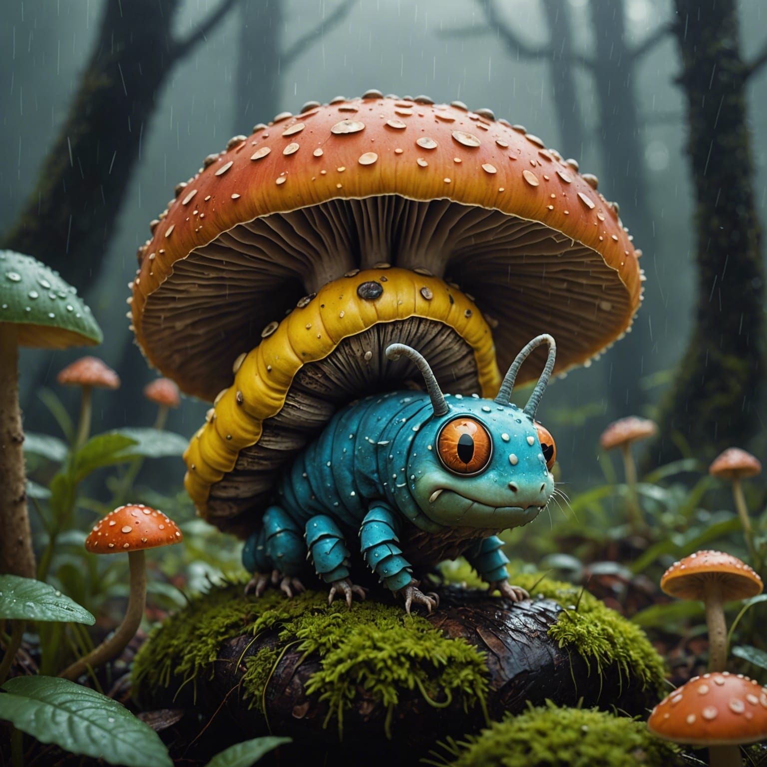 Caterpillar on Mushroom: Vibrant Digital Matte Painting
