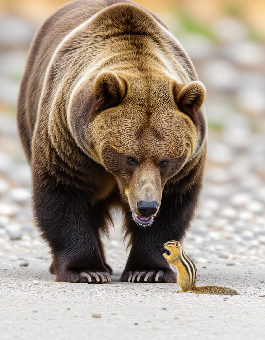 Grizzly Bear Growling at Chipmunk