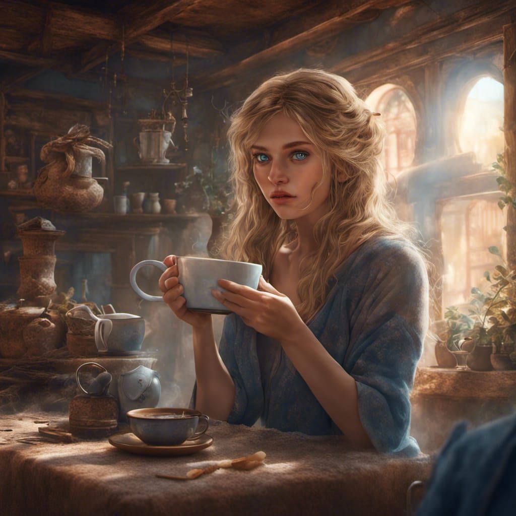 Girl with Blue Eyes Drinking Coffee