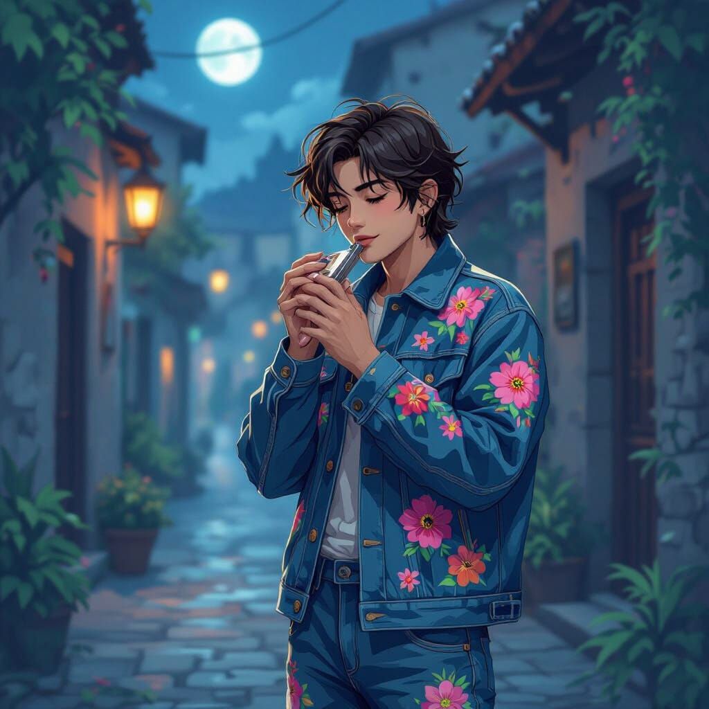 Digital Nomad in Manga Style Plays Harmonica