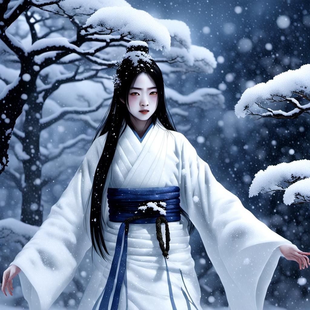 Yuki-Onna: Snow Woman in Hyperrealistic Style
