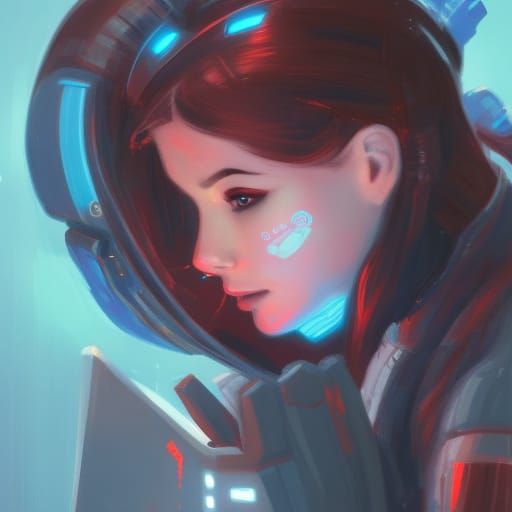 Cyberpunk Robot Girl and Dog Portrait