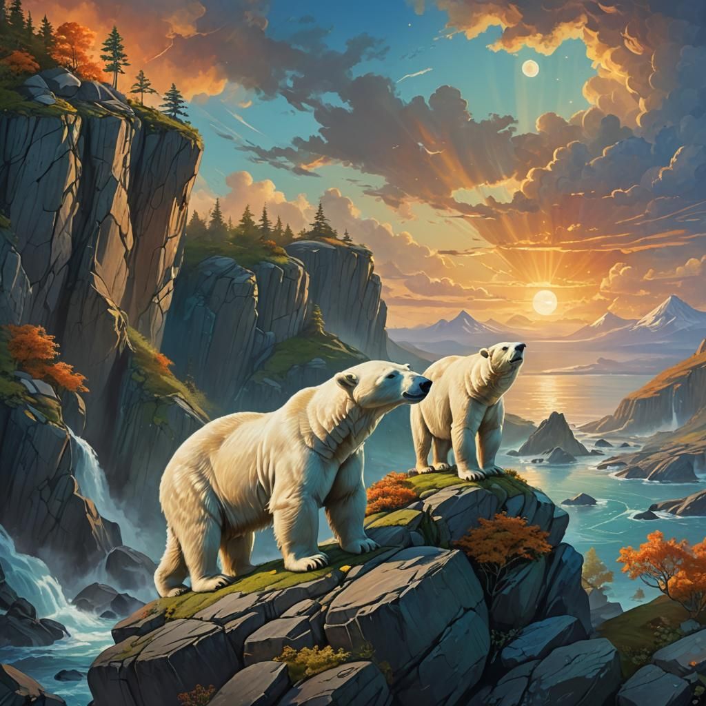 Polar Bear and Turtle Gaze at Thriving Planet
