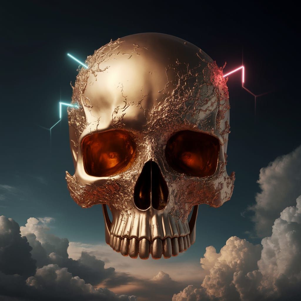 A colossal, intricately detailed skull face suspended in the...