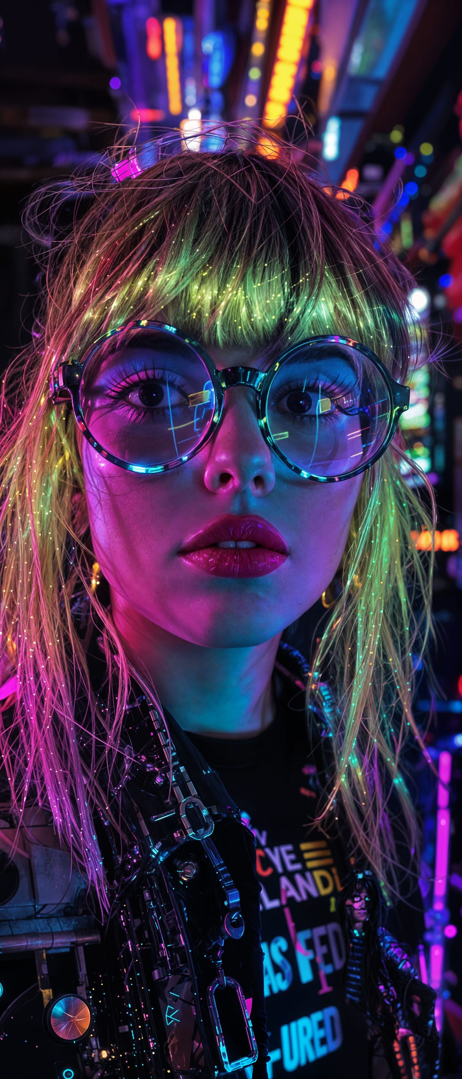 Synthwave Woman with Glasses in Neon Retro Style