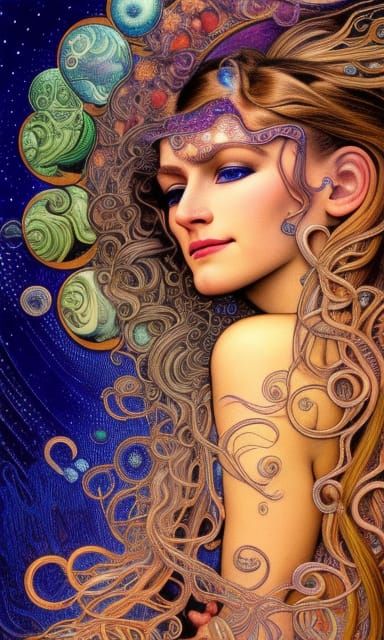 Intergalactic Stargoddess in Opalescent Art Nouveau Style