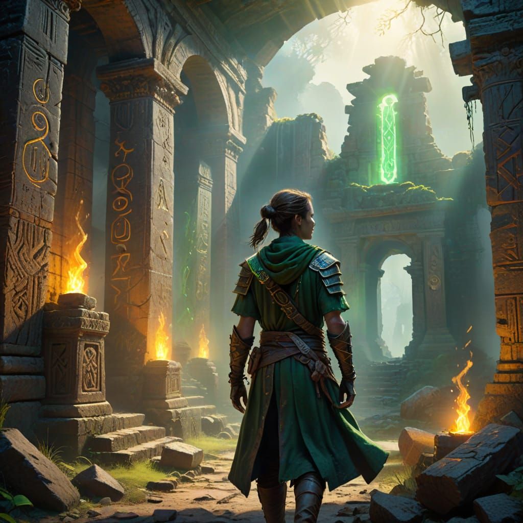 Young Adventurer Explores Ancient Ruins in Vibrant Oil Paint...