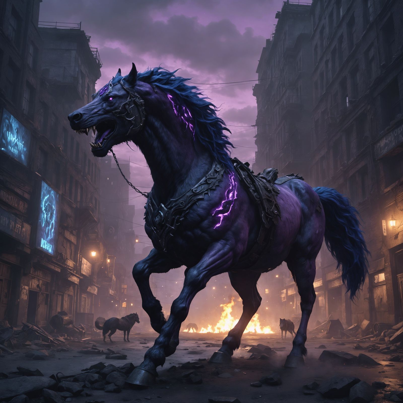 Demonic Horse-Wolf Hybrid in Apocalyptic City