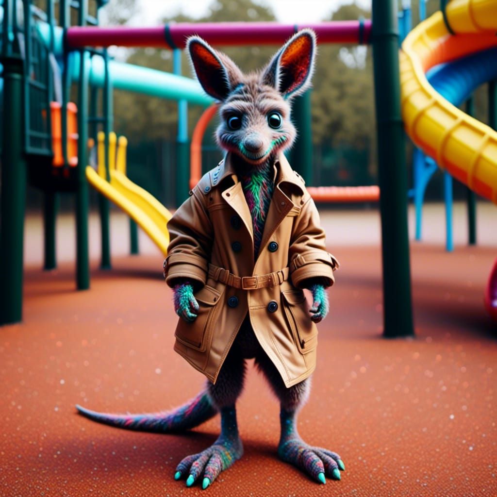 Kangaroo in Trench Coat on Playground