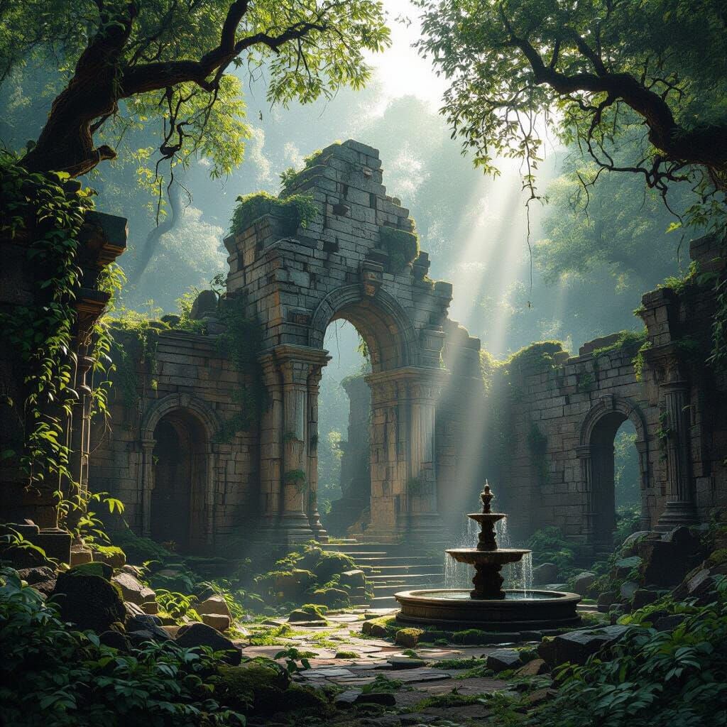 Ancient Forest Ruins with Sunbeams, Cinematic Digital Matte ...