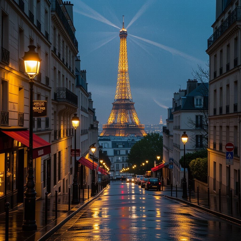 Rainy Paris Street Scene with Eiffel Tower View