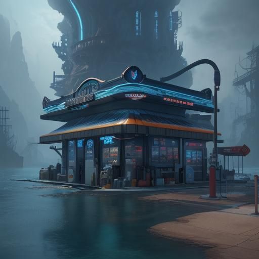 Underwater Gas Station: Detailed Fantasy Concept Art