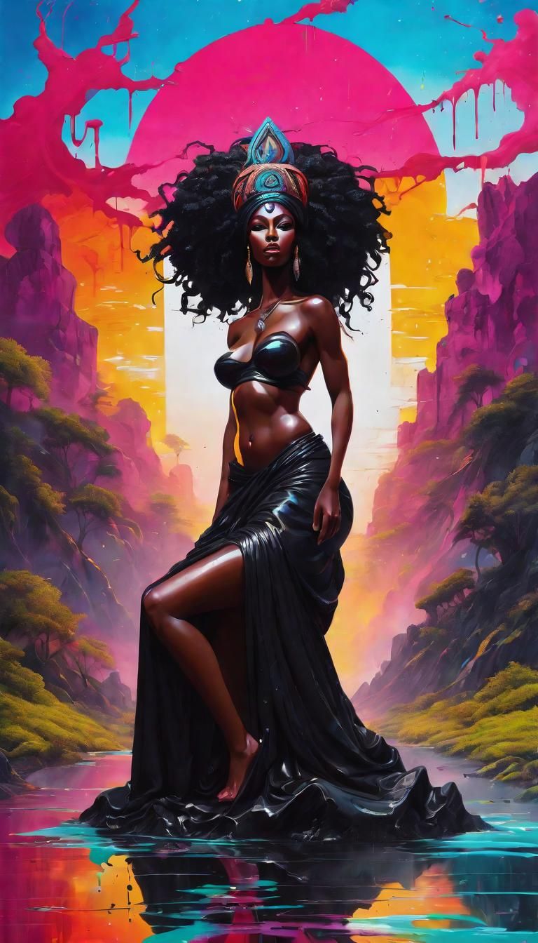 Beautiful Black goddess in a fantasy landscape  d graffiti art, splash art, street art, spray paint, oil gouache melting...