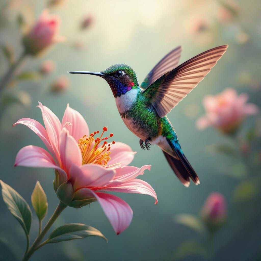 Vibrant Hummingbird Hovering Over Exotic Flower