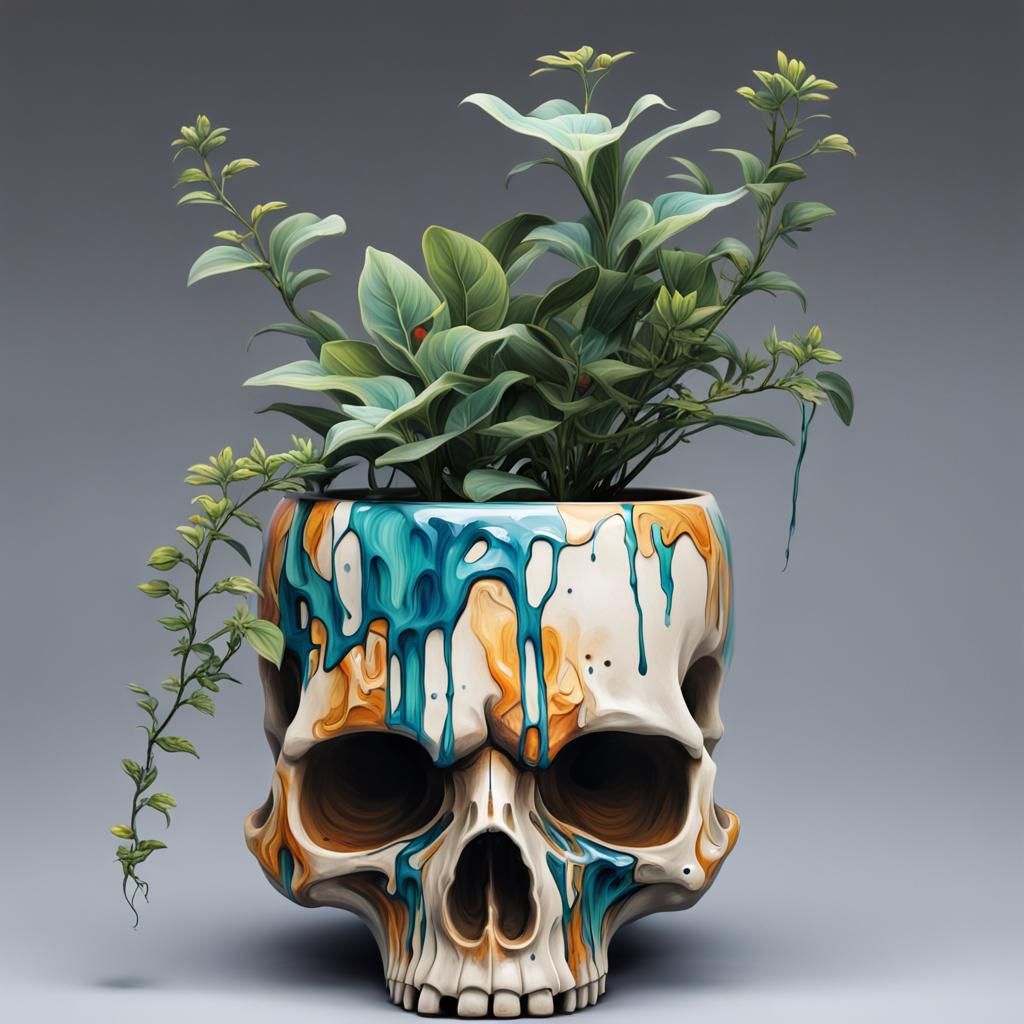Colorful Graffiti Skull Vase with Plant