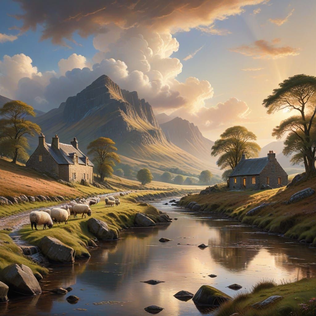 Ethereal Highland Landscape with Majestic Mountains and Peac...