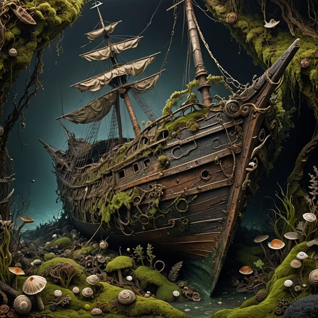 Tattered Sailboat Submerged in Horrific Deep