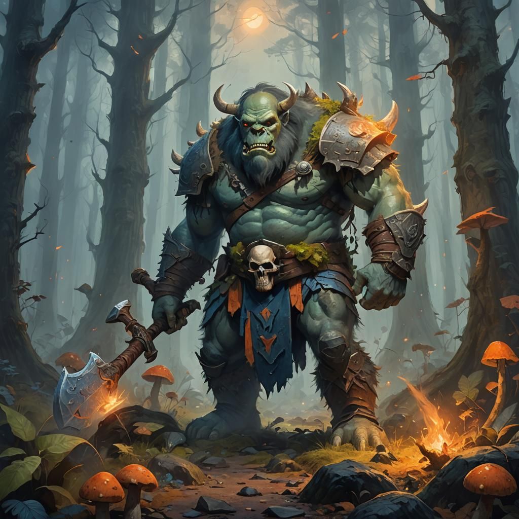 Ogre Warrior in Misty Forest: Oil Painting