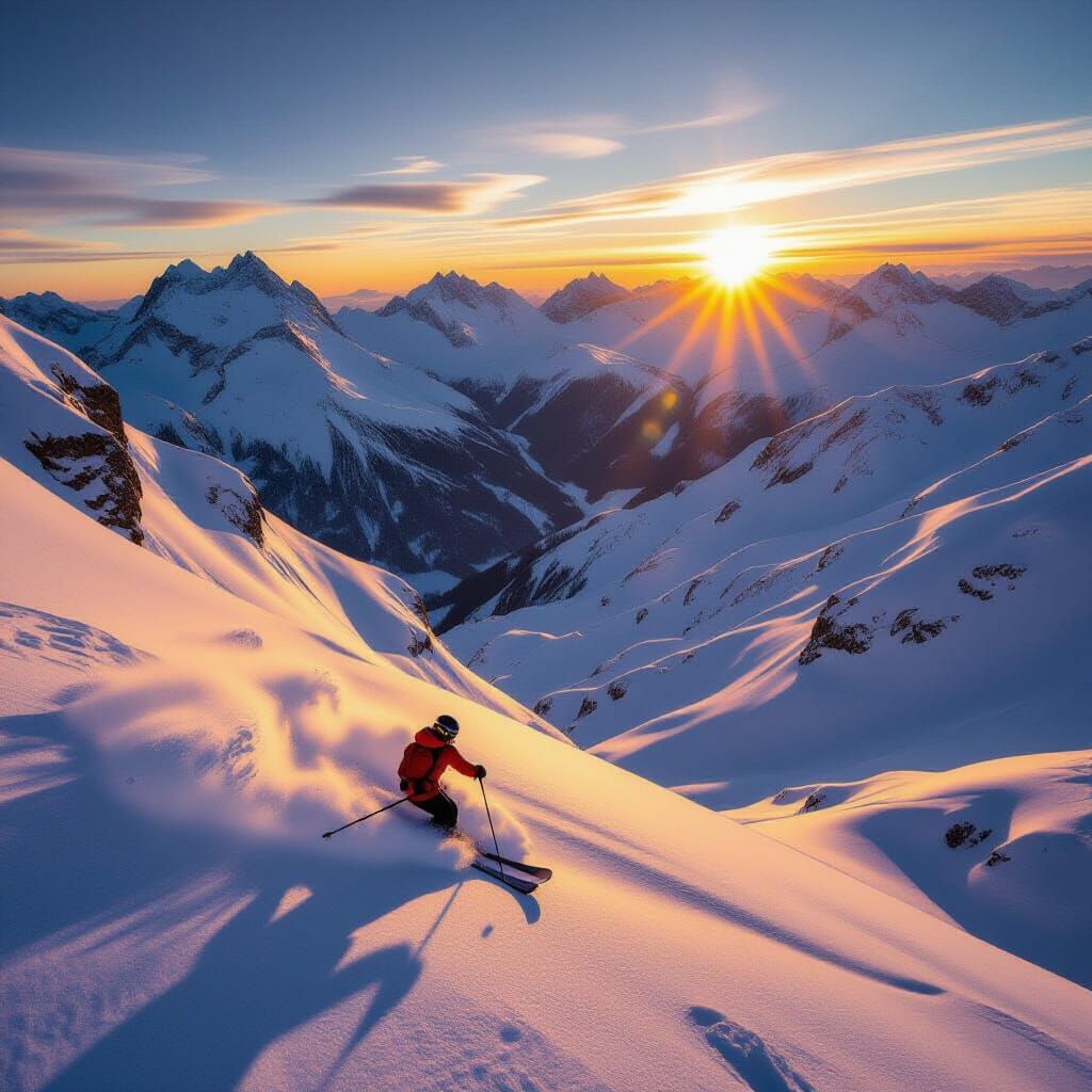 Lone Skier in Swiss Alps at Sunset, Cinematic Action Photo
