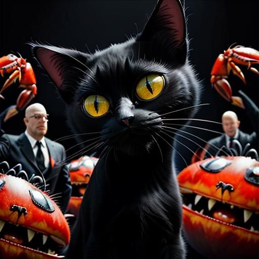Black Cat Eats Crab, Surreal Photorealistic Style
