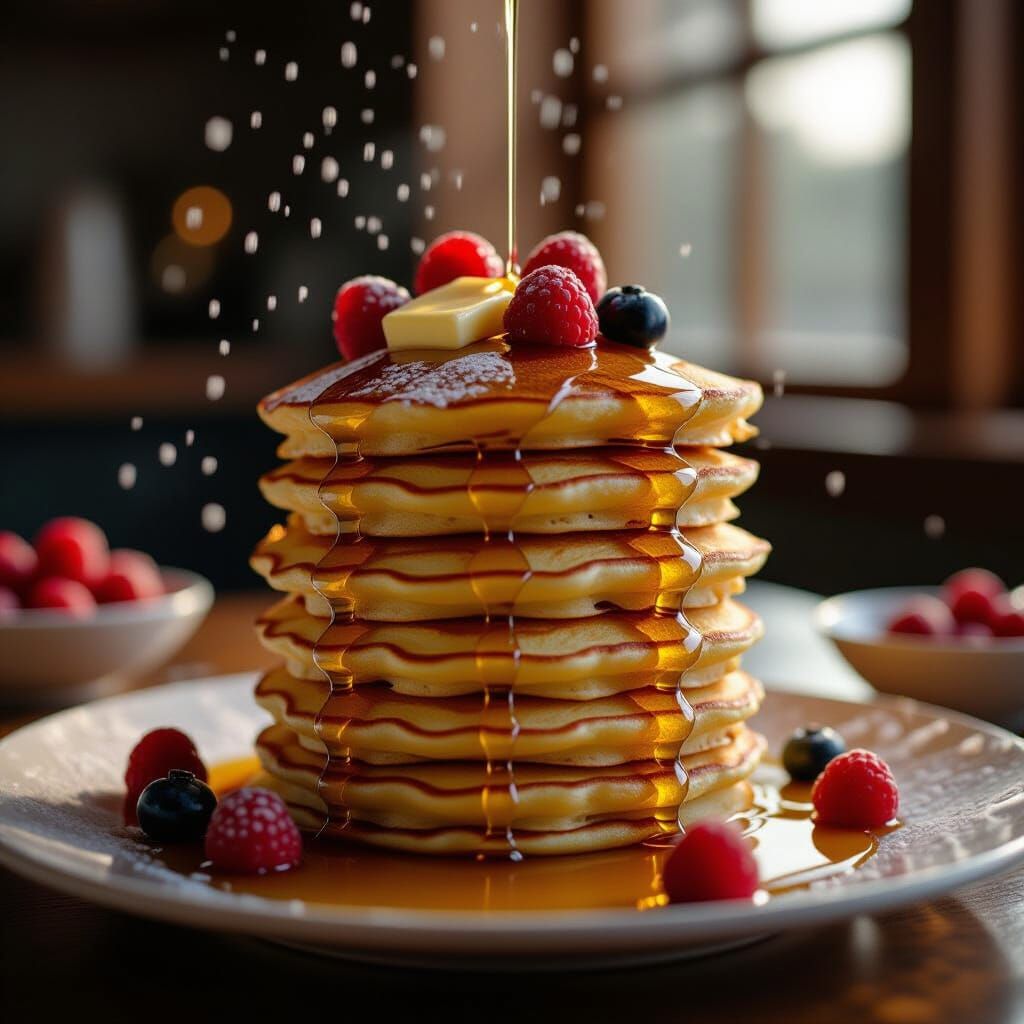 Golden Pancakes with Berries in Moody Light