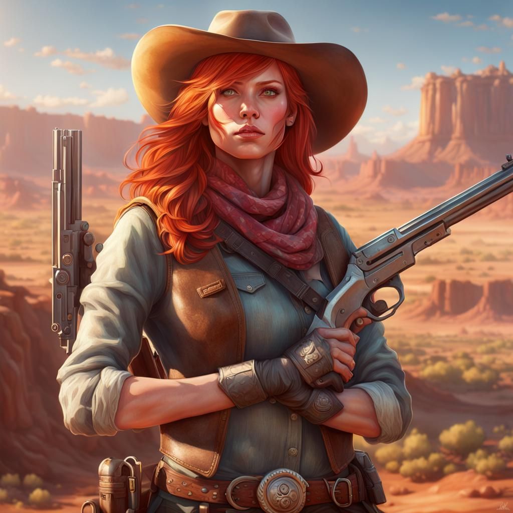 Redhead Cowgirl Portrait in Hyperdetailed Style