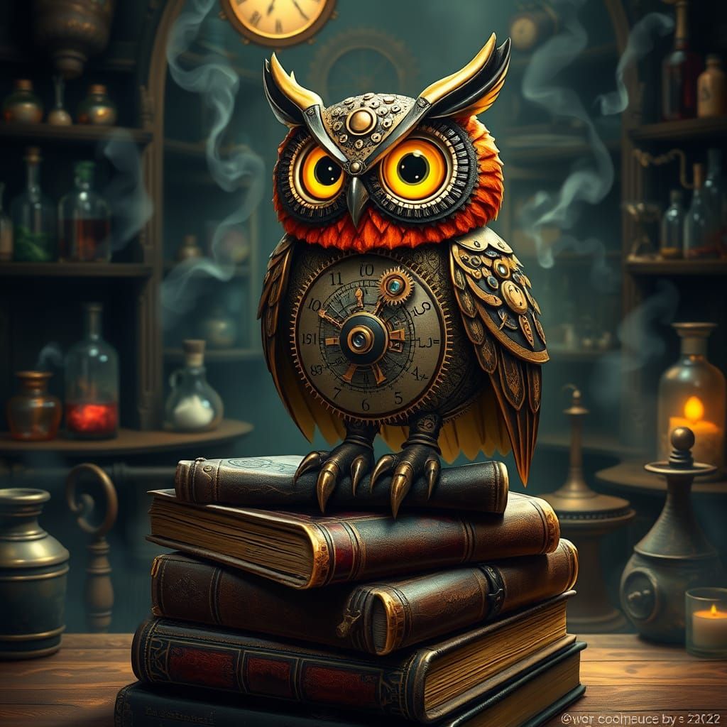 Clockwork Owl on Books in Alchemical Lab